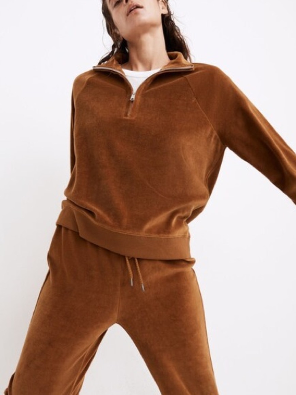 Madewell Velour Half-Zip Sweater in Dried Cedar Sz XL